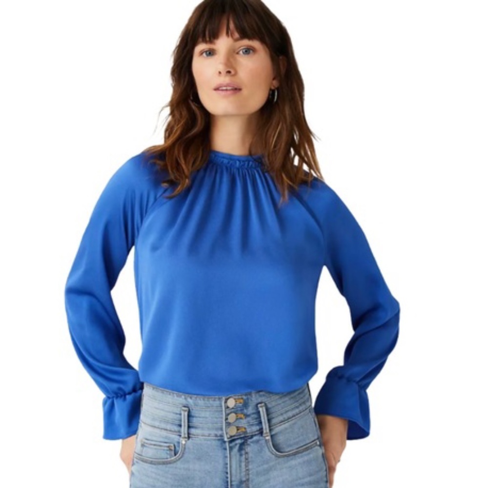 Ann Taylor Deep Azure Ruffle Mock Neck Top XS